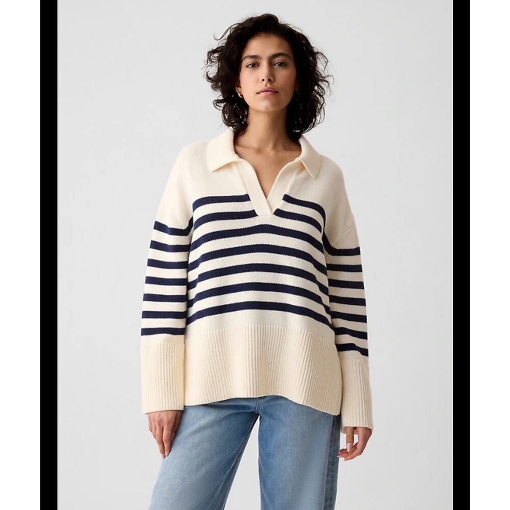Gap women’s Cotton Collared Polo Blue Stripe Sweater Nautical Chic Size Small